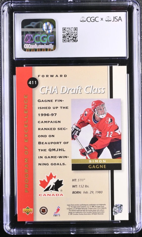 Simon Gagne Signed 1997-98 Upper Deck Rookie Card #411 Flyers CGC AU JSA 10 Auto - Image 2 of 2