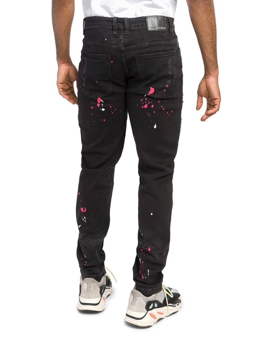 Victorious Men's Casual Stacked Distressed Paint Splatter Biker
