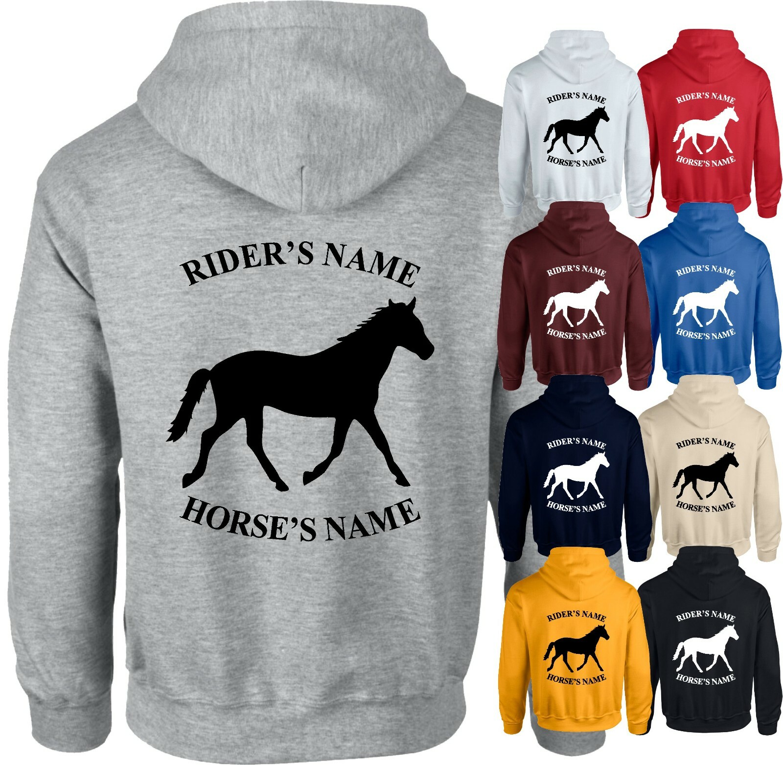Felpa con cappuccio cavallo personalizzata equitazione pannocchia pony dressage fantino stampa schiena regalo natale