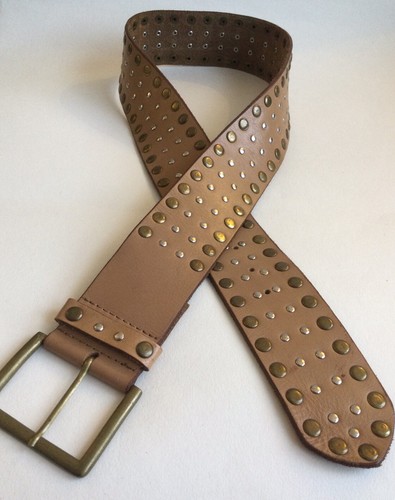 ACCESSORIZE Womens Light Tan real leather wide studded hip belt 33-37 waist NEW - Picture 4 of 5