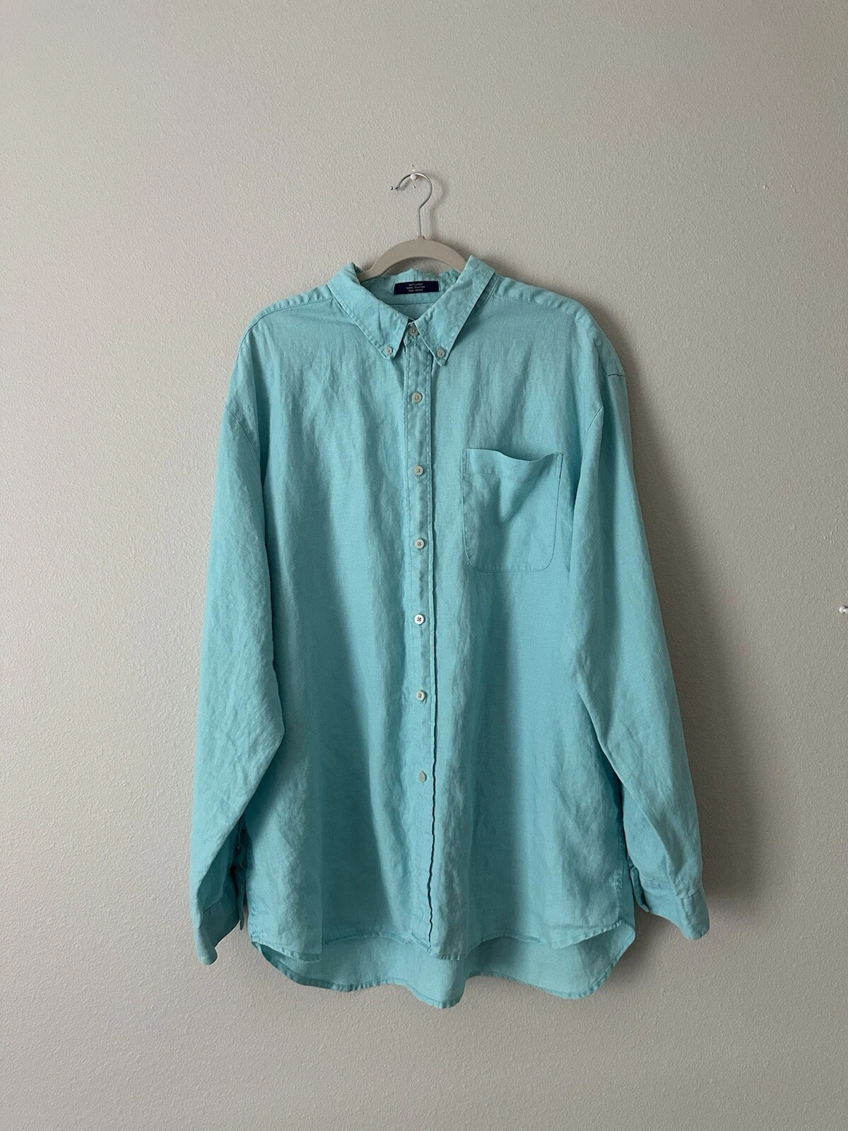 Alan Flusser Men's XXL Shirt Blue 100% Linen Long Sleeve Button Up Pocket EUC