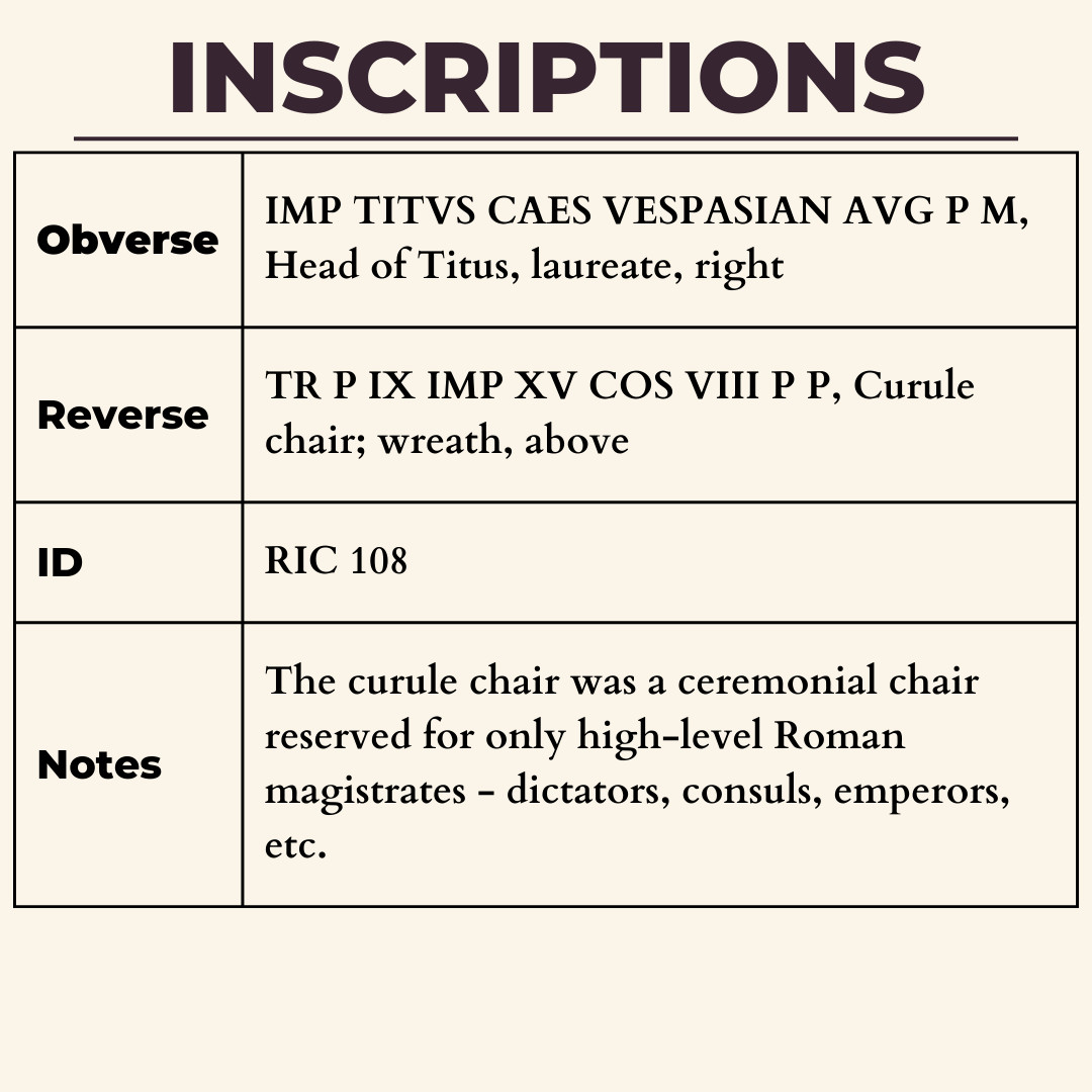 Emperor Titus Denarius Ancient Roman Empire Silver Coin 80AD Curule Chair Rome
