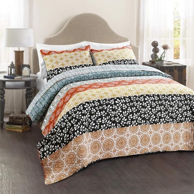 Lush Decor Bohemian Stripe Reversible Cotton Quilt Set 3 Piece Turquoise/Orange