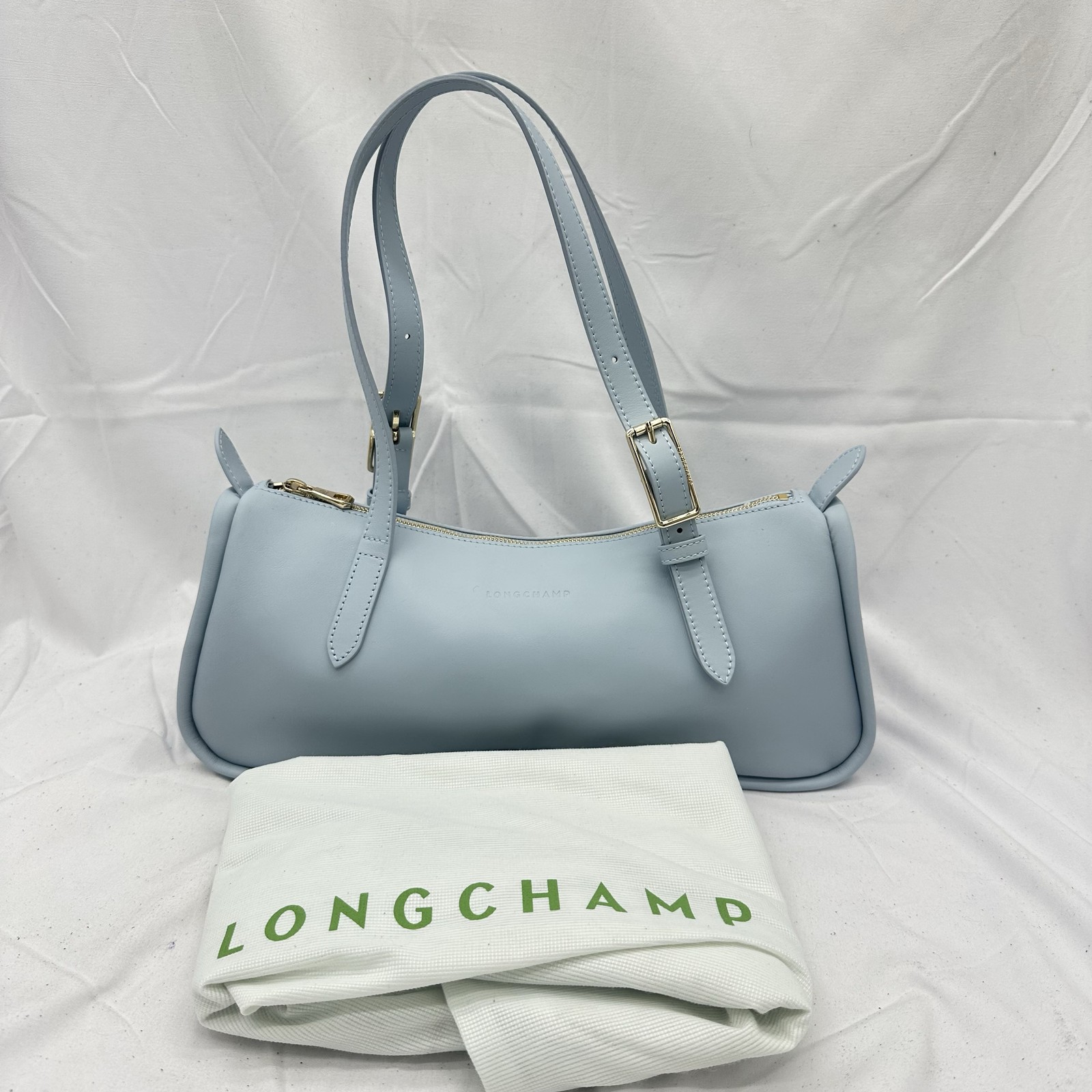Longchamp Womens Looong L Shoulder Bag Leather Sky Blue Pre-Owned