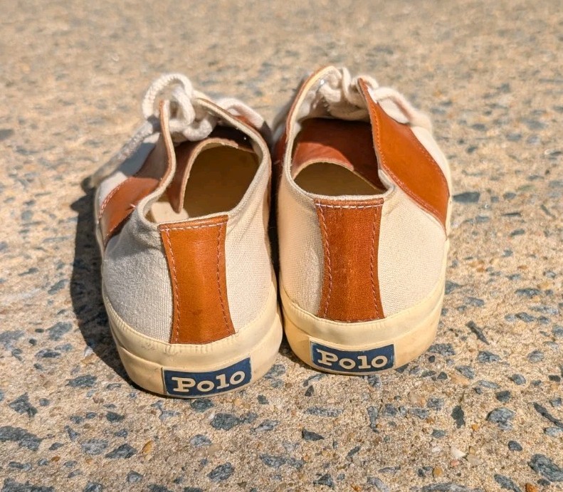 VTG Polo Sport Ralph Lauren White Canvas Brown Leather Low Top Lace Deck Shoes