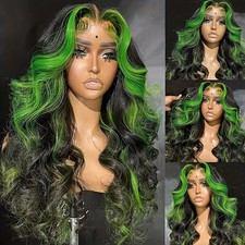 Green Highlights Ombre Long Wavy Lace Front Wigs Pre Plucked Natural Hairline