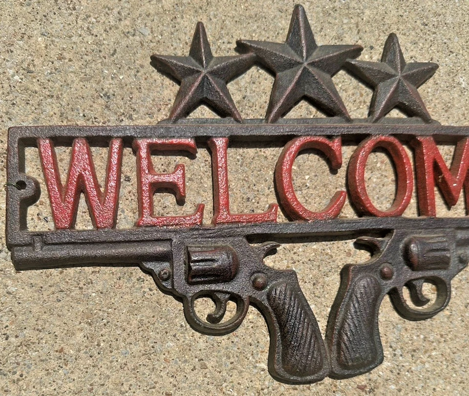 Letrero de placa de hierro fundido PISTOLA BIENVENIDA rancho rústico estilo occidental hombre cueva vaquero Foto 2 de 4
