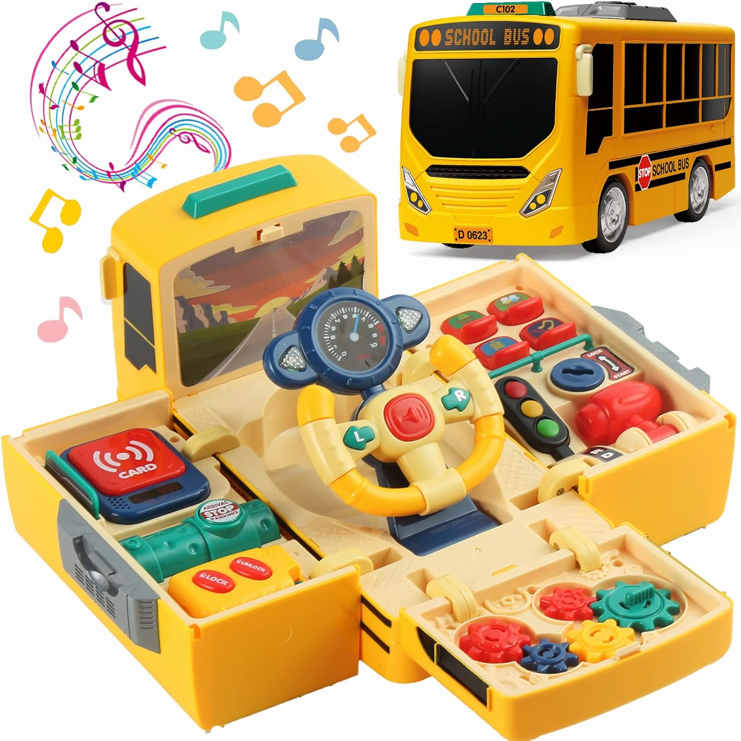 School Bus Toy with Sound and Light, Simulation Steering Wheel, Toddlers School