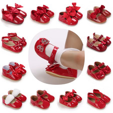 Red Classic PU Leather Girl Bow Princess Flat Shoes with anti Slip Rubber Sole W