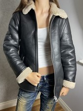 H&M Damen Schwarz Kunstleder Jacke Kunstfell Gefüttert Flieger Biker Reißverschluss XS 6 8