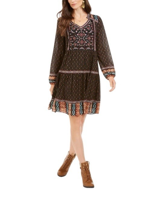 Style & Co. Embroidered Beaded Mesh Boho Peasant Knee Length Dress S