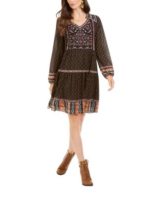 boho knee length dress Tassel Tie Neck Boho Print Dress for Women Above Knee Length