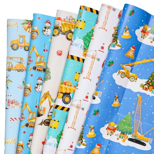  12 Sheets Construction Christmas Wrapping Paper for Boys Kids, Holiday Gift 