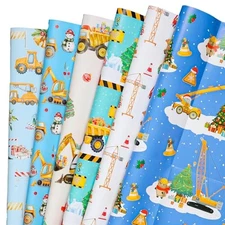  12 Sheets Construction Christmas Wrapping Paper for Boys Kids, Holiday Gift 