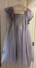 Girl  s Lavender Star Glitter Tulle Dress Puff Sleeve Square Neck Princess Gown