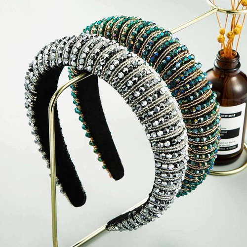 Head Crown Baroque Women's Headband Crystal Beaded Embellished Padded Hairband - Picture 3 of 24