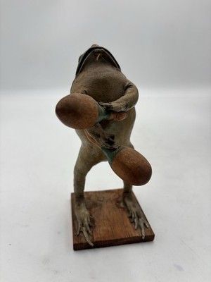 Vintage Mexican FolkArt Taxidermy Bullfrog Toad Playing Maracas Wood Base Oddity