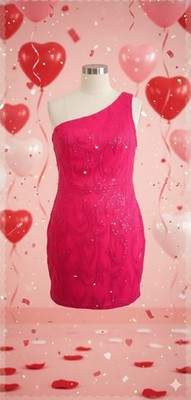 Hot Pink Sequin One Shoulder Dress Valentine Date Night Prom Party Mini Size 6