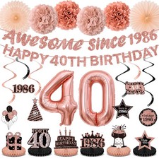 40th Birthday Decorations Kit for Women, Rose Gold Happy 40th Birthday Banner...