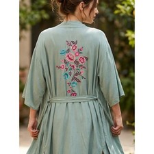 Sage Green Floral Embroidered 100 Rayon Belted Kimono Size S