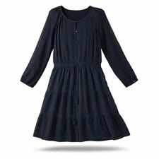 Tory Burch Navy Silk Textured Tiered Dress Long Sleeve Tassel Drawstring Size 14