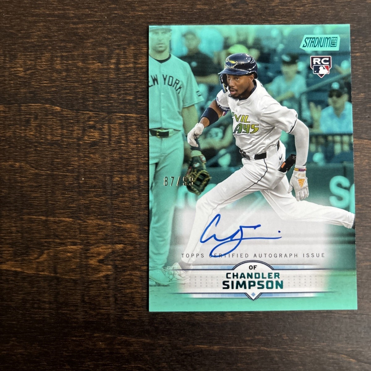 2025 Topps Stadium Club - Chandler Simpson Aqua Rookie On Card