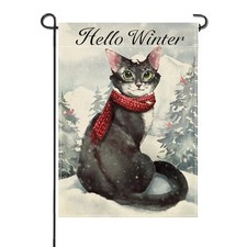 Hello Winter Tuxedo Cat Small Decorative Garden Flag, Snowy Pine Winter Cat