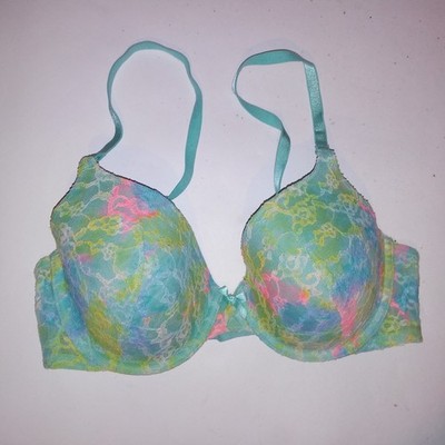 Victoria Secret Bra 34C Lined Perfect Coverage Blue Multi Pastel Lace Overlay