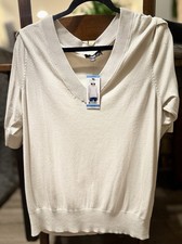 DKNY Women  s Short Sleeve V-Neck Sweater Tan Ivory Size Large NWT Minimalist