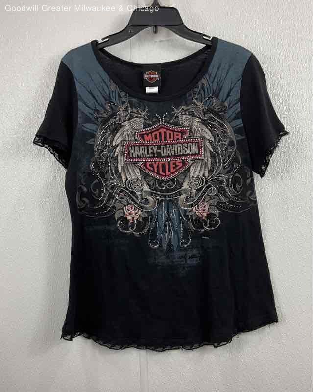 Harley Davidson Womens Black Solid Rhinestone Graphic Short Sleeve T Shirt
