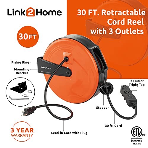  30 Ft Retractable Extension Cord Reel, Ceiling or Wall Mount 16/3 Gauge 30 ft