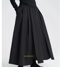 Women Casual Loose High-waisted Skirt Split Slim Black Pleated A-Line Maxi Dress