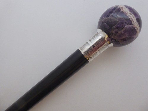 Walking Stick Cane 1926 Hallmarked Silver Collar Ebony Wood Shaft Amethyst Top