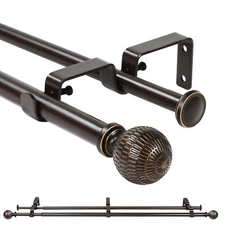 5/8" Telescoping Double Curtain Rods with Reticulated Ball Finials, 28"-120"