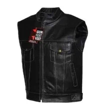 Men's Club Style Yellow Stitched Motorcycle Biker Leather Vest Concealed Carry