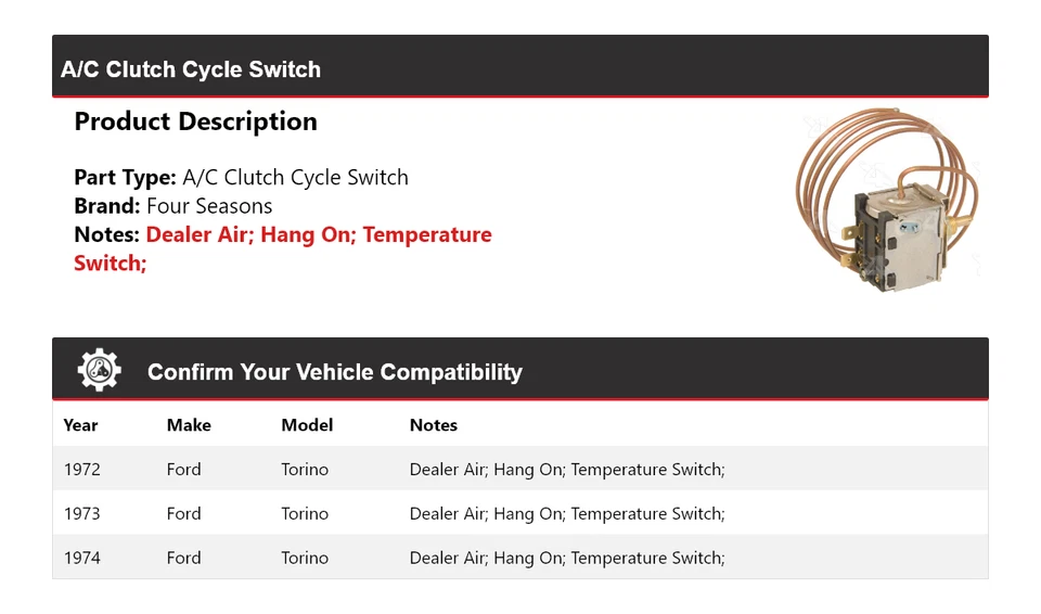 Interruptor de ciclo de embreagem A/C Ford Torino 1972-1974 4 estações 1973 - Imagem 2 de 4