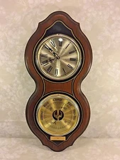 Vtg Bulova Quartz Clock (Runs) and Operating Barometer Wall Set Wood Case