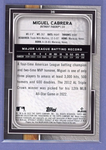 2023 Topps Museum Collection #36 Miguel Cabrera Detriot Tigers - Picture 2 of 2
