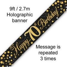 Happy 70th Birthday Party Banner Black and Gold Decoration Length 9ft /2.7m