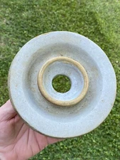 ANTIQUE NICE 6 3/8” PRIMITIVE STONEWARE BUTTER CHURN CROCK LID CREAMY GRAY AAFA