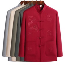 Men Chinese Tang Suit Jacket Pants Outfit Martial Arts Uniform Dragon Embroidery