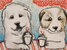 GREAT PYRENEES with Lattes Original 9x12 oil Pastel Painting by KSams Whimsical