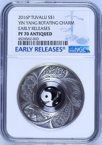 2016 P Tuvalu Yin Yang Rotating Charm ANTIQUED 1Oz Silver $1 COIN NGC PF70 ER