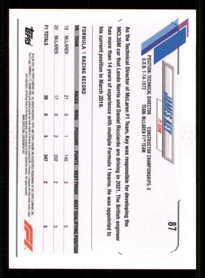 2021 Topps Chrome Formula 1 #87 James Key - Image 2 of 2