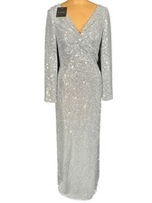 NWT ST. JOHN Knits Silver Micro Sequin Gown Dress w/Twist Front sz 12 1895