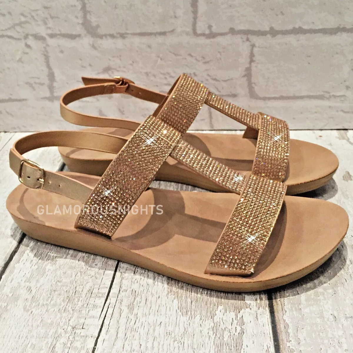 Ladies Rose Gold Champagne Flat Comfort Sandals Holiday Shoes Padded Insole