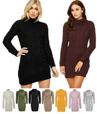 Image of Women's Chunky Cable Knitted Polo Neck Long Sleeves Warm Sweater Jumper Dress UK