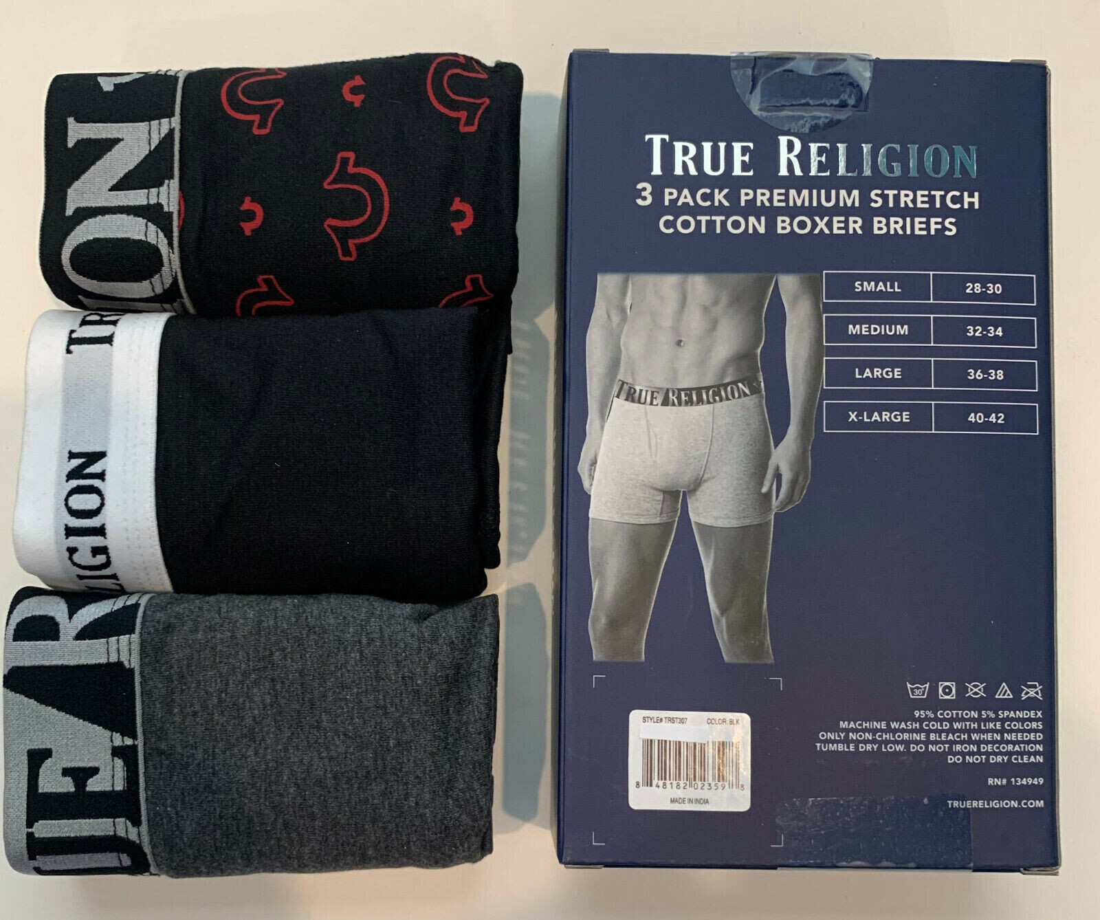 Mens True Religion 3 pack. Cotton Stretch Boxer Briefs M (32-34) Black ...