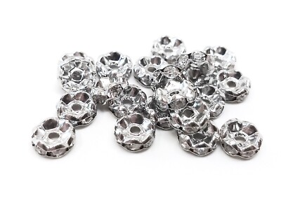 50 pcs Silver Tone Platinum Rhinestone Rondelle Spacer Beads   8mm x 3.5mm