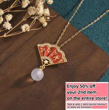 Jade Crystal Pendant Necklace Charm 18K Gold Plated Chain Fan Dainty Gemstone